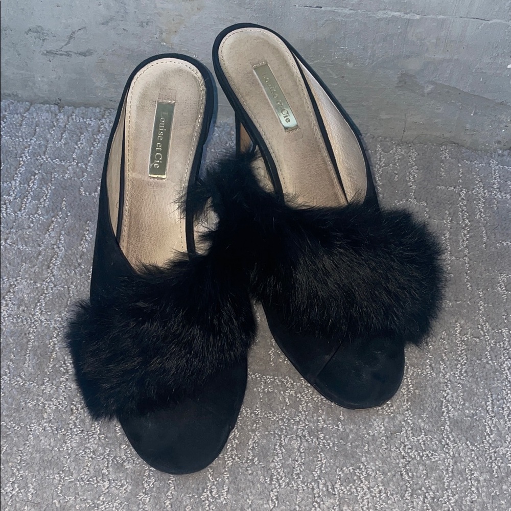 Louise et Cie Black Fur-Trimmed Mules